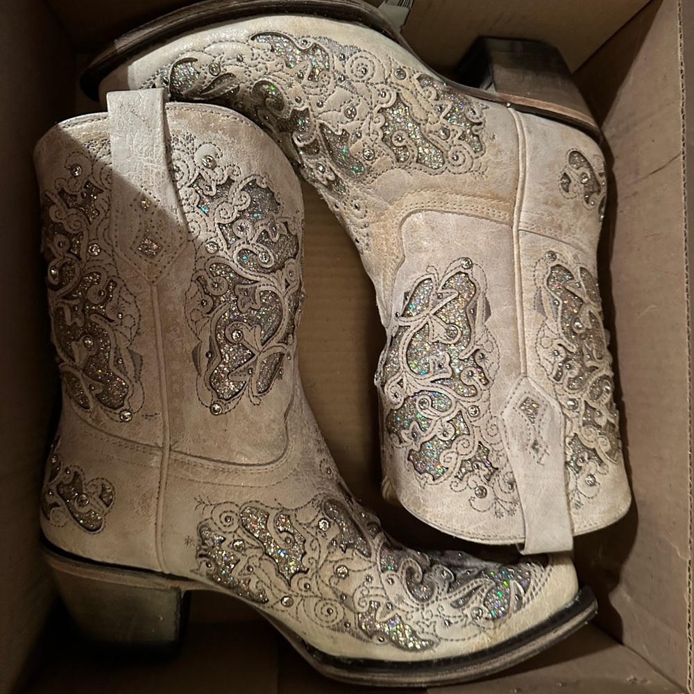 Corral Cream and Silver Embellished Ankle Boots